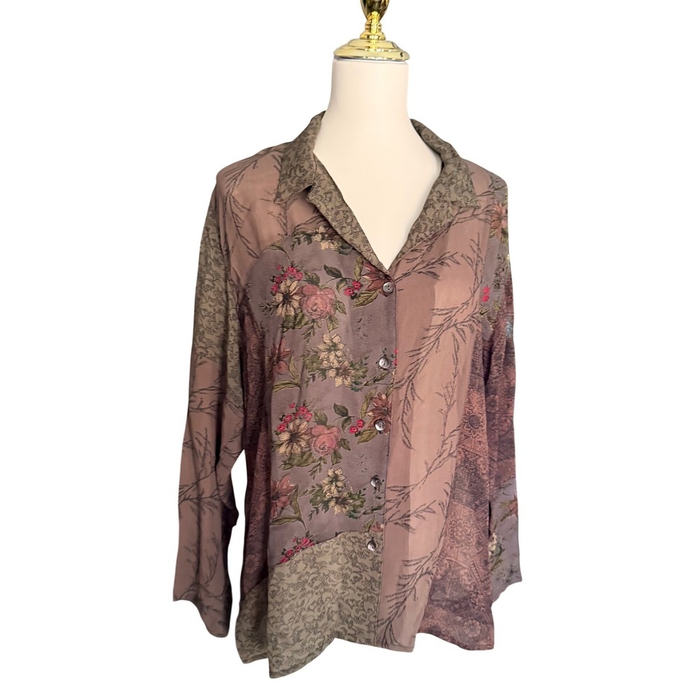Vintage Chicos Design Floral Patchwork Button Down Shirt Mauve Sage Green Size 1